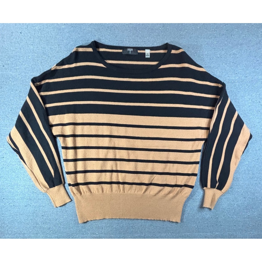 Tahari Striped Knit Sweater Black Camel Tan Dolman Sleeve Scoop Neck Small